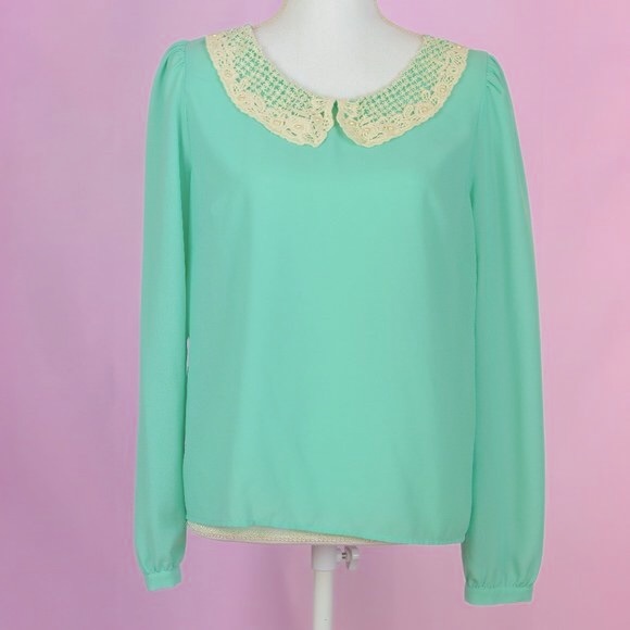 Long sleeve mint peter pan collar blouse - Picture 1 of 6